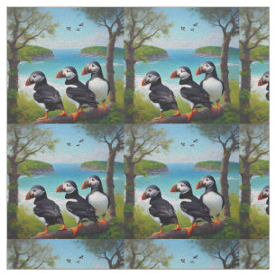 Tecido Trio Costeiro: Três Puffins na Praia em Óleos
