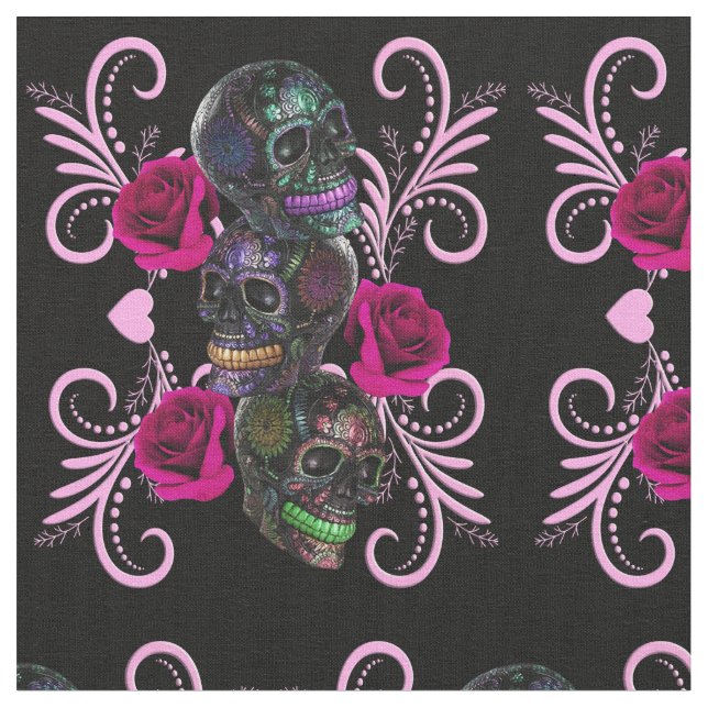 Tecido Triplo Dia Negro Dos Cascos Mortos Rosas Rosa (Detalhe)
