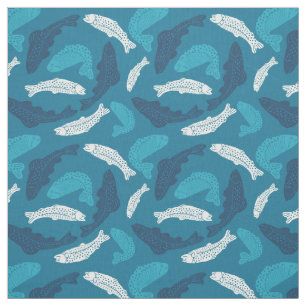 Tecido Truta Azul e De Marfim, Peixes Patterados