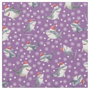 Tecido Tubarões de Natal & Flocos de Neve no Roxo