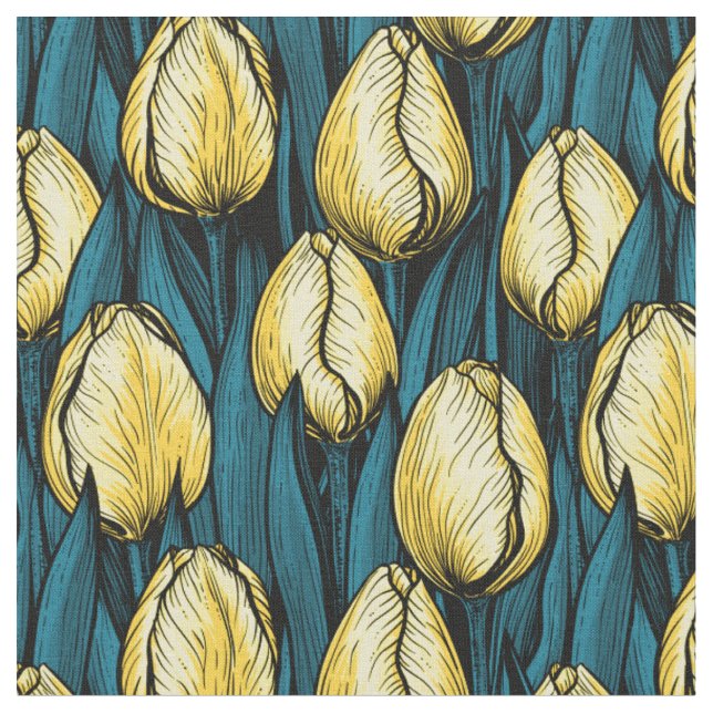Tecido Tulipas amarelas com folhas azuis (Detalhe)