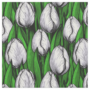 Tecido Tulipas brancas com folhas verdes