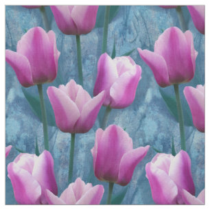 Tecido Tulipas Cor-de-Água Rosa e Estúco Azul
