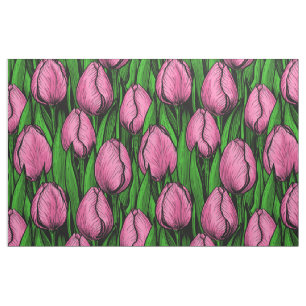 Tecido Tulipas cor-de-rosa com folhas verdes