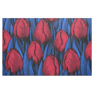 Tecido Tulipas em vermelho e azul
