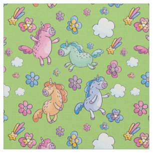 Tecido Unicórnios Whimsical e Flores Bonito Brilhantes