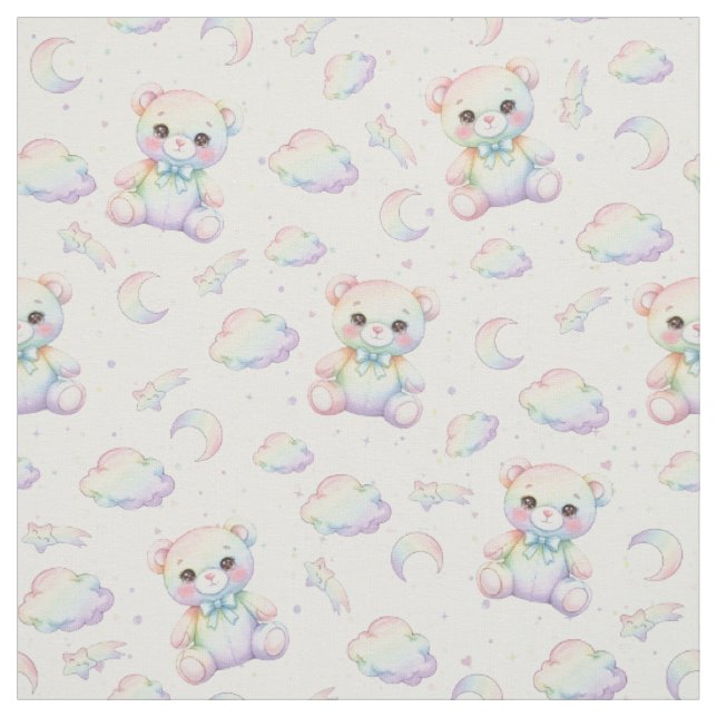 Tecido Urso Arco-Íris Fofo e Padrão de Nuvens Pastel (Modelo)