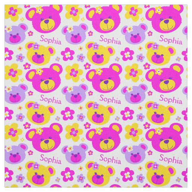 Tecido Urso de pelúcia encara um padrão branco roxo rosa, (Modelo)