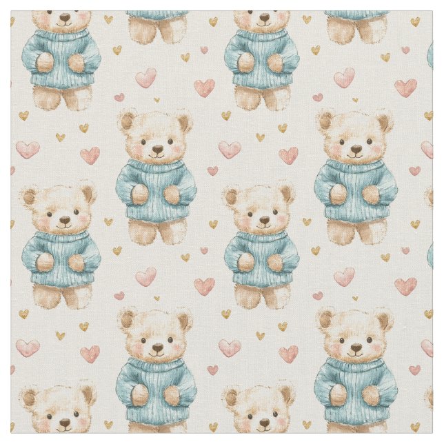Tecido Ursos de Teddy Bonitos em Suéteres Azuis (Detalhe)