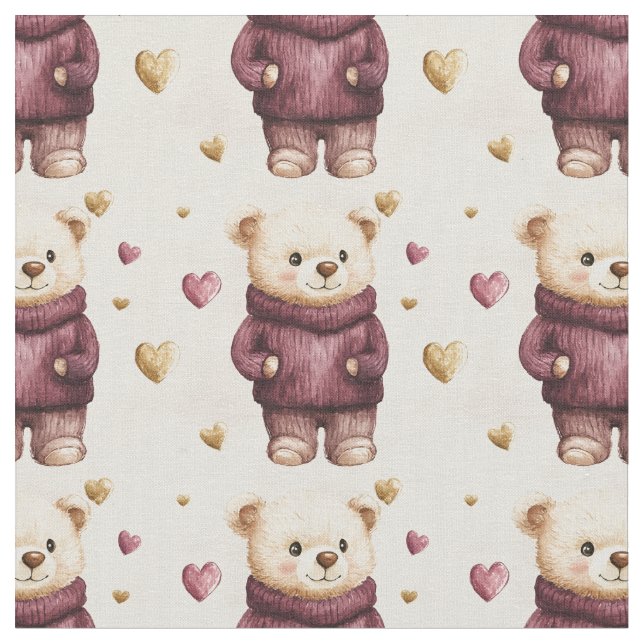 Tecido Ursos de Teddy com Corações Roxos e Dourados (Detalhe)