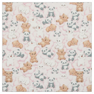 Tecido Ursos e Pandas Fofos em Nuvens Cor-de-Rosa Sem Cos