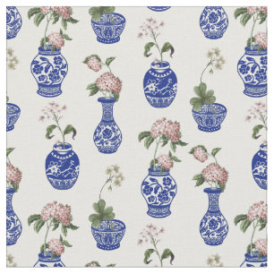 Tecido Vasos e flores azuis de Chinoiserie