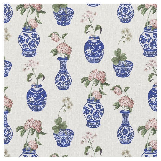 Tecido Vasos e flores azuis de Chinoiserie (Detalhe)
