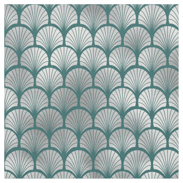 Tecido Ventoinha de Escamas de Peixe Teal e Prata Art Déc (Detalhe)