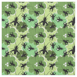 Tecido Verde floral do teste padrão do grilo + Preto