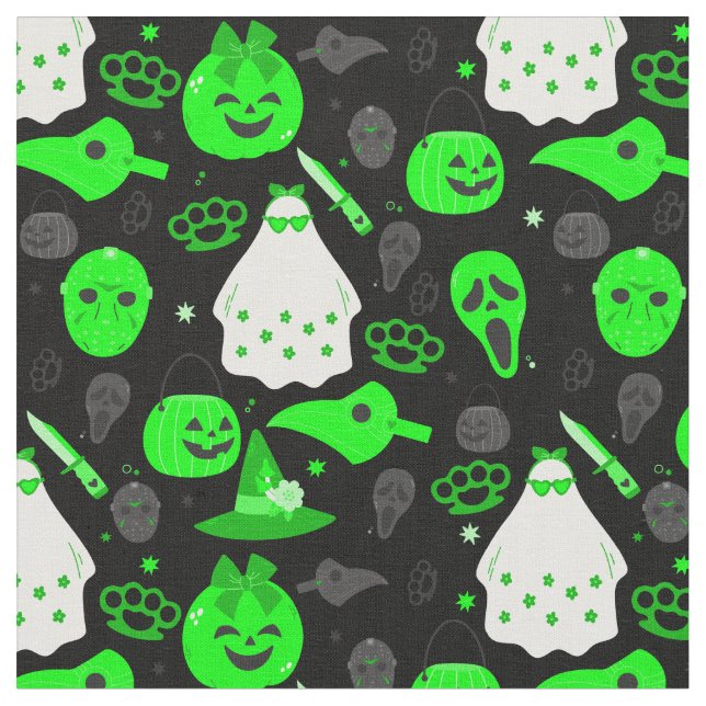 Tecido verde-verde-ácido-fantasma floral de halloween (Detalhe)