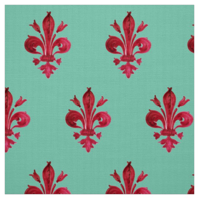 Tecido VERMELHO FLEUR DE LIS EM PADRÃO FLoral VERDE (Modelo)