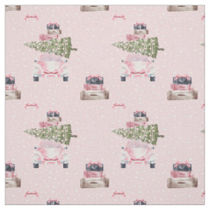 Tecido Viagem de Natal - Carro Retro Aquarela Rosa-Quadra