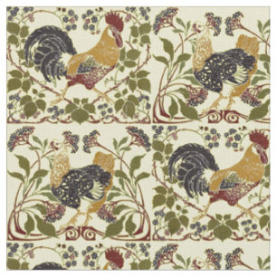 Tecido Vintage Art Nouveau Rooster & Hen Chickens Pattern