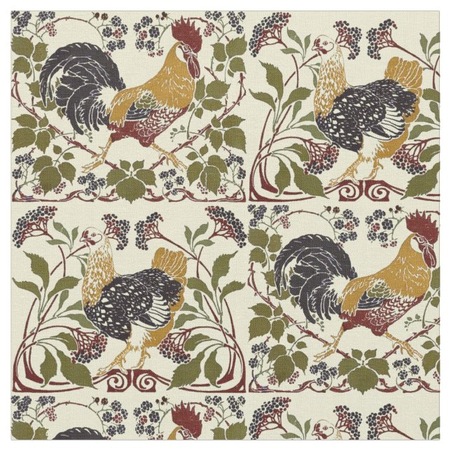 Tecido Vintage Art Nouveau Rooster & Hen Chickens Pattern (Detalhe)