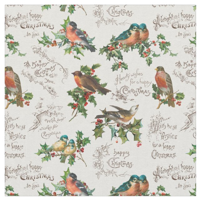 Tecido Vintage Birds, Holly & Christmas Greetings (Detalhe)