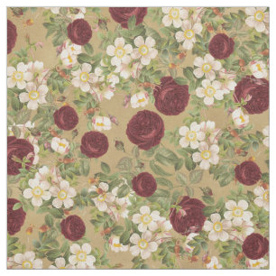 Tecido Vintage Burgundy Red & White Roses com Buds