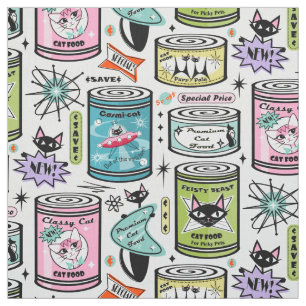 Tecido Vintage Cat Comida Cans on Pale Cinza studioxtine