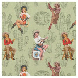 Tecido Vintage Country Western Pin Up Cowgirls Em Cactus