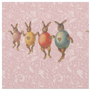 Tecido Vintage Easter Bunnies dança com fantasias de ovos