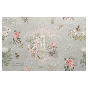 Tecido Vintage French Paris Botanical Floral Cinza