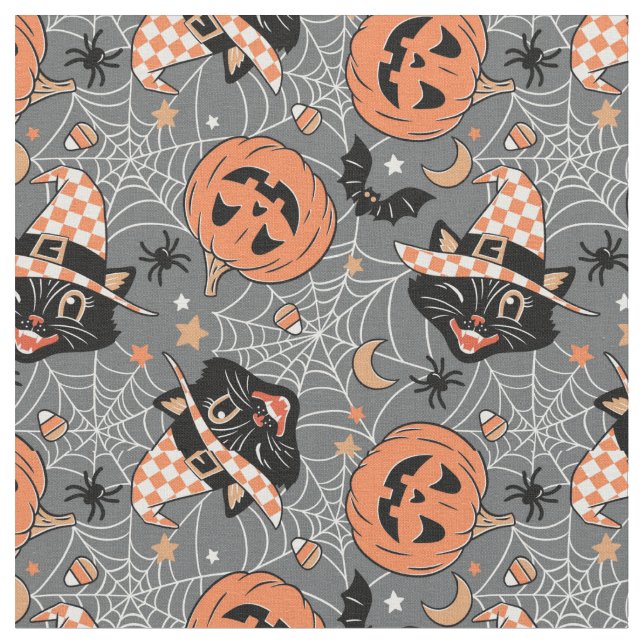 Tecido Vintage Halloween Cats e Pumpkins Patterno (Detalhe)