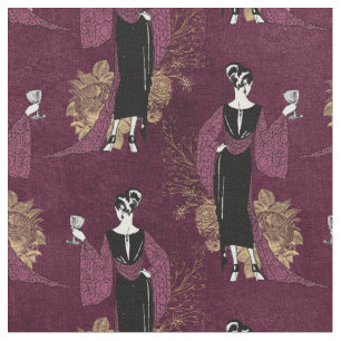 Tecido Vintage mulher francesa com vinho em Maroon