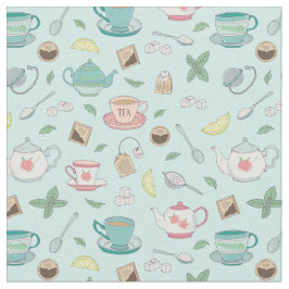 Tecido Vintage Tea Party - Copas de chá e bule de chá