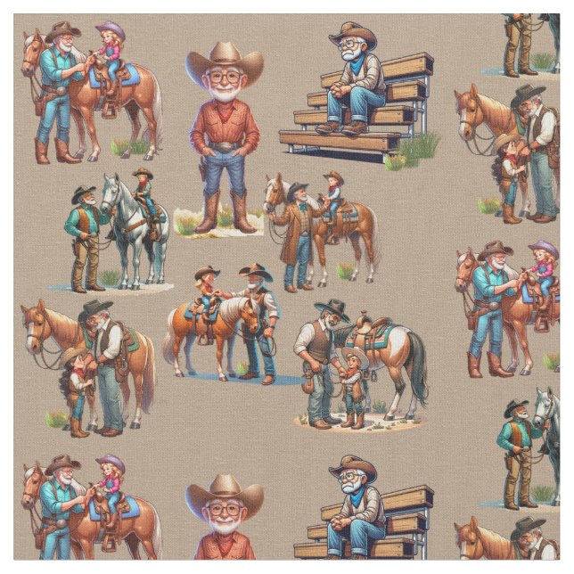 Tecido Vovô Ocidental Cowboy Com Crianças e Cavalos (Detalhe)