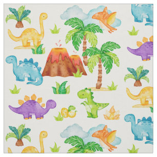 Tecido Watercolor Dinossaur Volcano Palm Tree Kids Baby