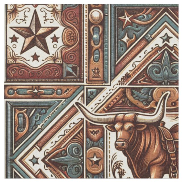 Tecido Western Longhorn Steer Brown e Teal (Detalhe)