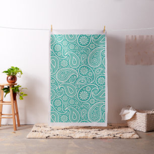 Tecido White paisley on turquoise background