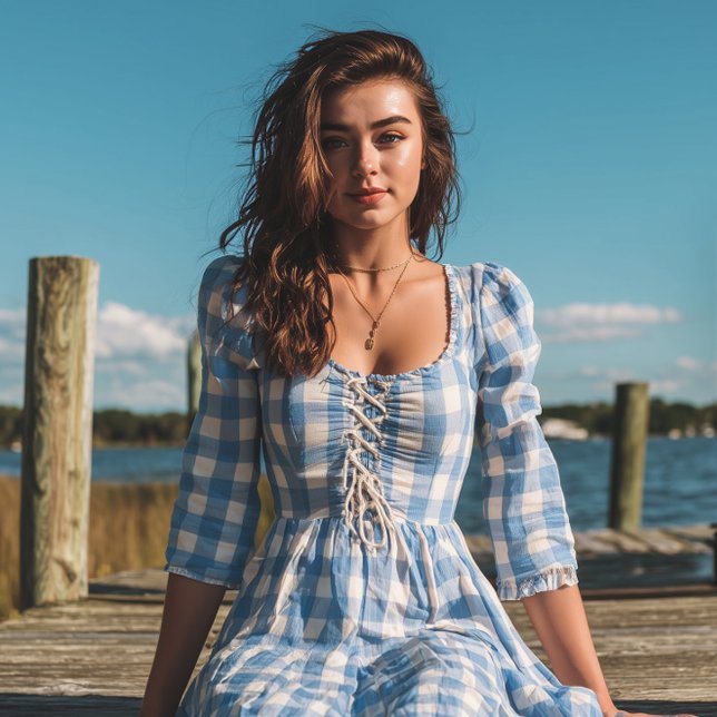 Tecido Xadrez de Buffalo Branco e Azul (Handmade dress with Blue and White Buffalo Plaid or Check)