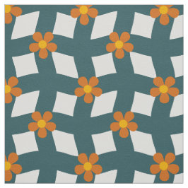Tecido Xadrez Floral Laranja Azul-Verde em Algodão de Sar