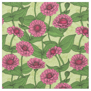 Tecido Zinnias cor-de-rosa em verde claro
