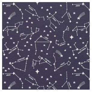 Tecido Zodiac Star Maps Brancos Em Bruxa Azul Escura E Ch