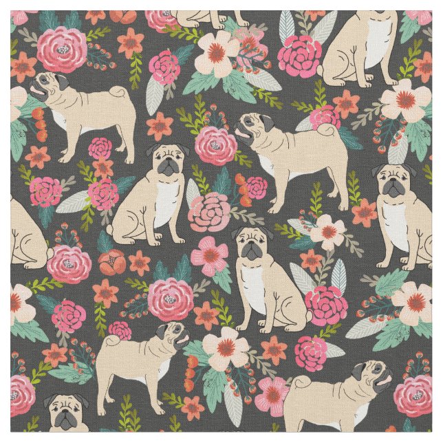 tecidos de animais tecido impressão Pug Florals (Detalhe)