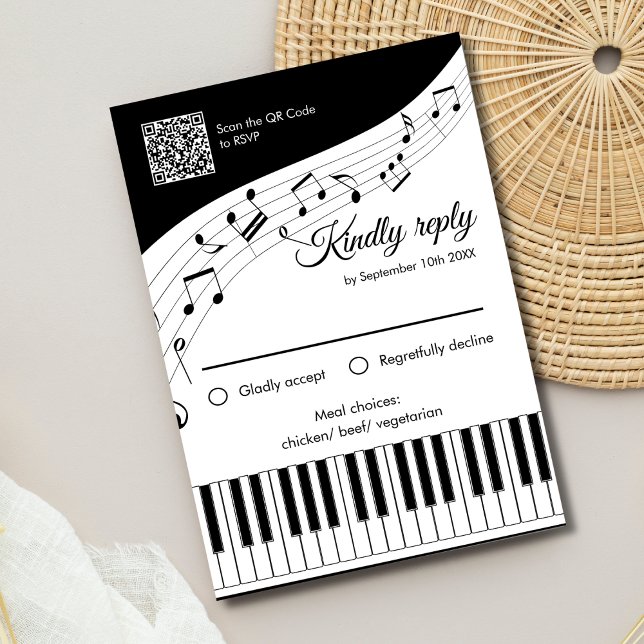 Teclas de Piano Notas Musicais Código QR Casamento (Angled view song lyrics music lover with romantic piano keys wedding rsvp card)
