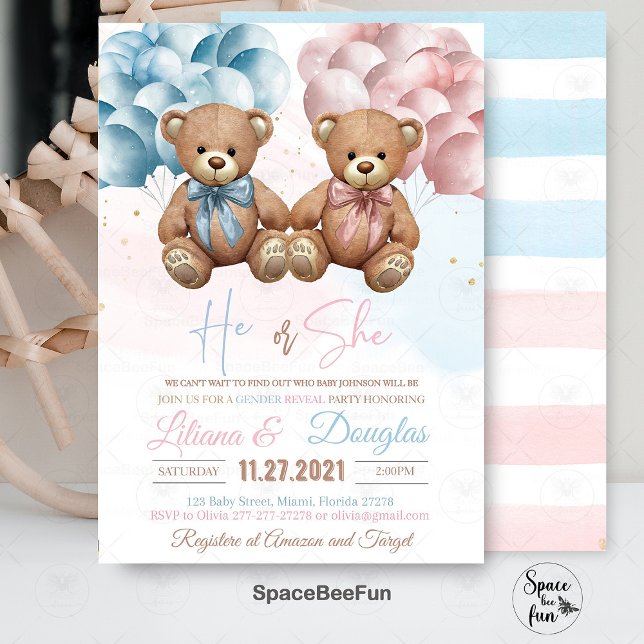 Teddi Bear Chá de fraldas Convite Para O Gênero (Teddy Bear invitation,Baby Shower Invitation,He or She,Gender Reveal, Baby Shower bear,teddy bear In)