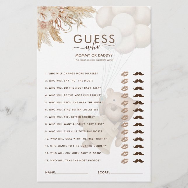 Teddy Bear Adivinha Quem Joga O Chá de fraldas (Frente)