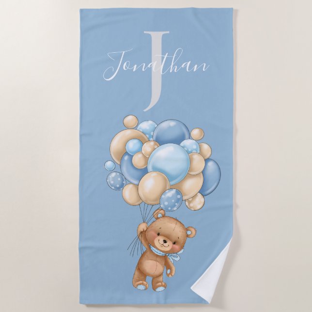 Teddy Bear Blue Balloons toalha de praia para cria (Frente)