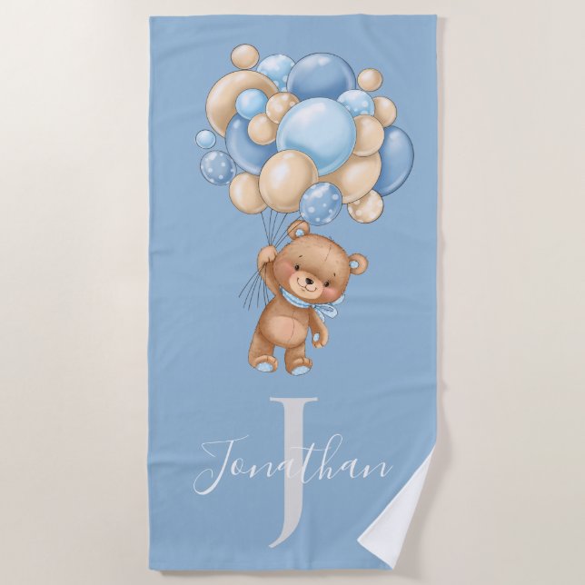 Teddy Bear Blue Balloons toalha de praia para cria (Frente)