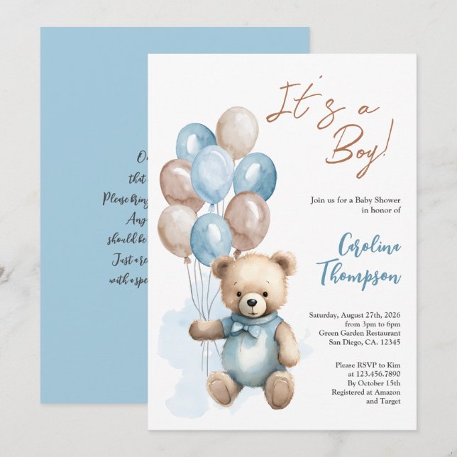 Teddy Bear Boy Blue Balloons Convite para Chá de f (Frente/Verso)