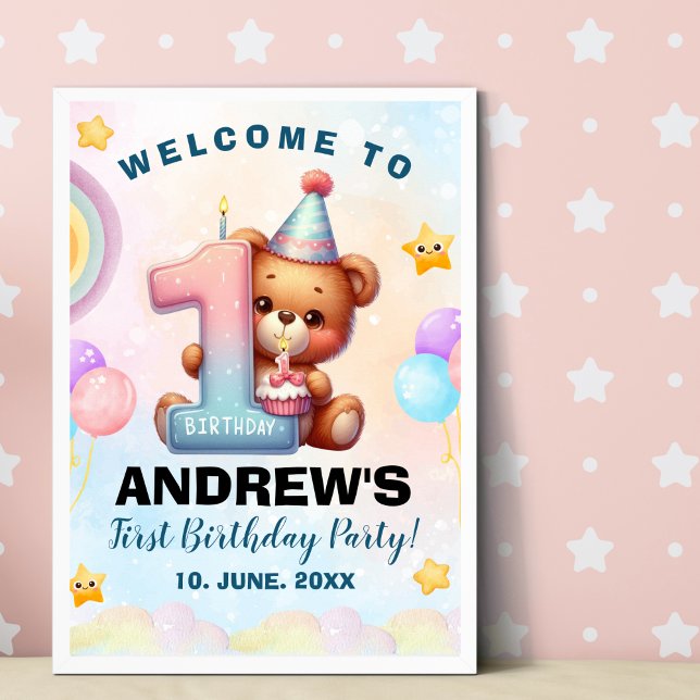 Teddy Bear First Birthday Poster | Nursery & Party (Criador carregado)