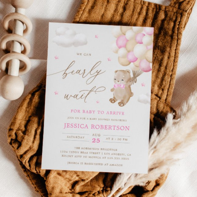 Teddy Bear Pink Ballons Convite para Chá de fralda (Criador carregado)